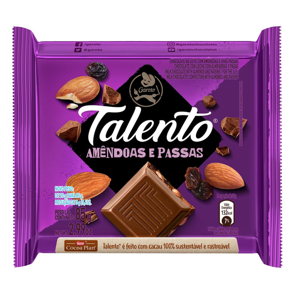 Chocolate GAROTO TALENTO Amêndoas com Passas 85g