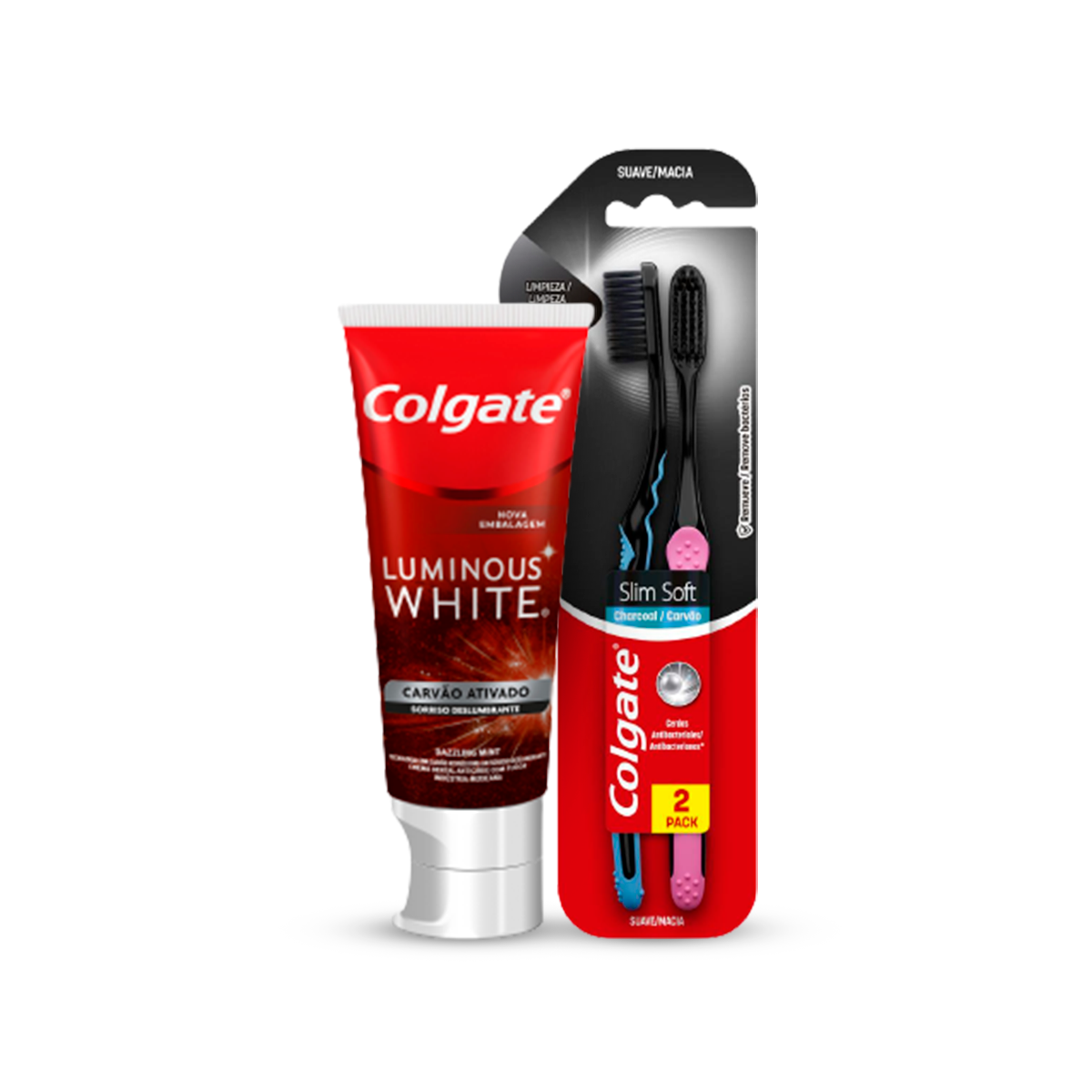 Kit Creme Dental Colgate Luminous White Carvão Ativado 70g + Escova de Dente Colgate Slim Soft Black 2 unidades