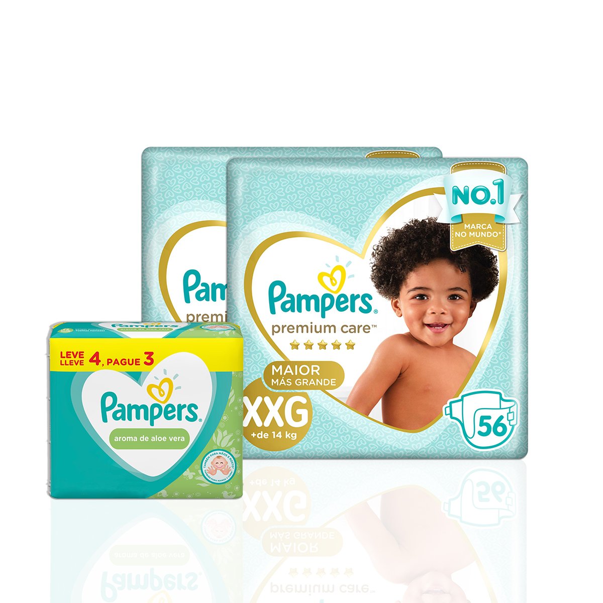Kit 2 Fraldas PAMPERS Premium Care XXG 56 Unidades + Lenços Umedecidos Pampers Aroma de Aloe Vera 192 Unidades