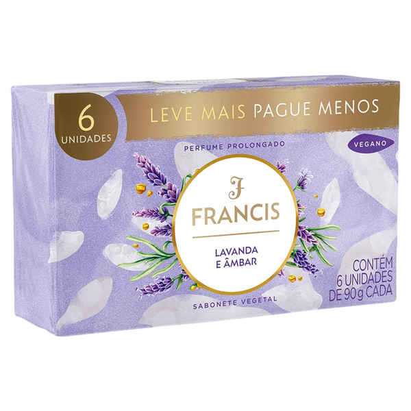 Pack Sabonete Barra Vegetal Lavanda e Âmbar Francis Envoltório 6 Unidades 90g Cada Leve Mais Pague Menos