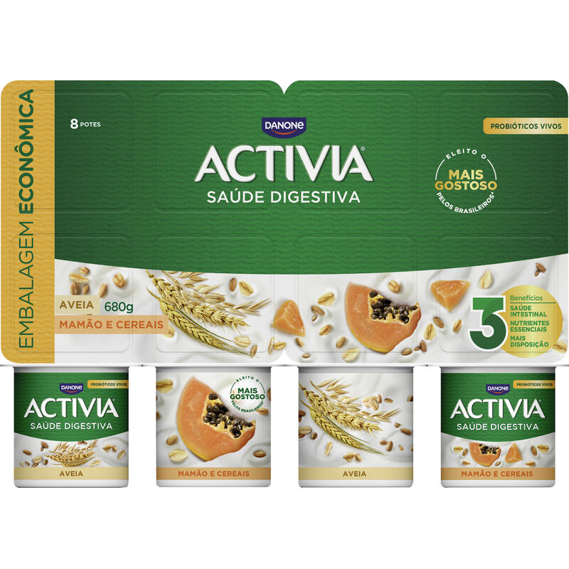 Leite Fermentado Integral Aveia + Mamão e Cereais Activia Bandeja 680g 8 Unidades Embalagem Econômica