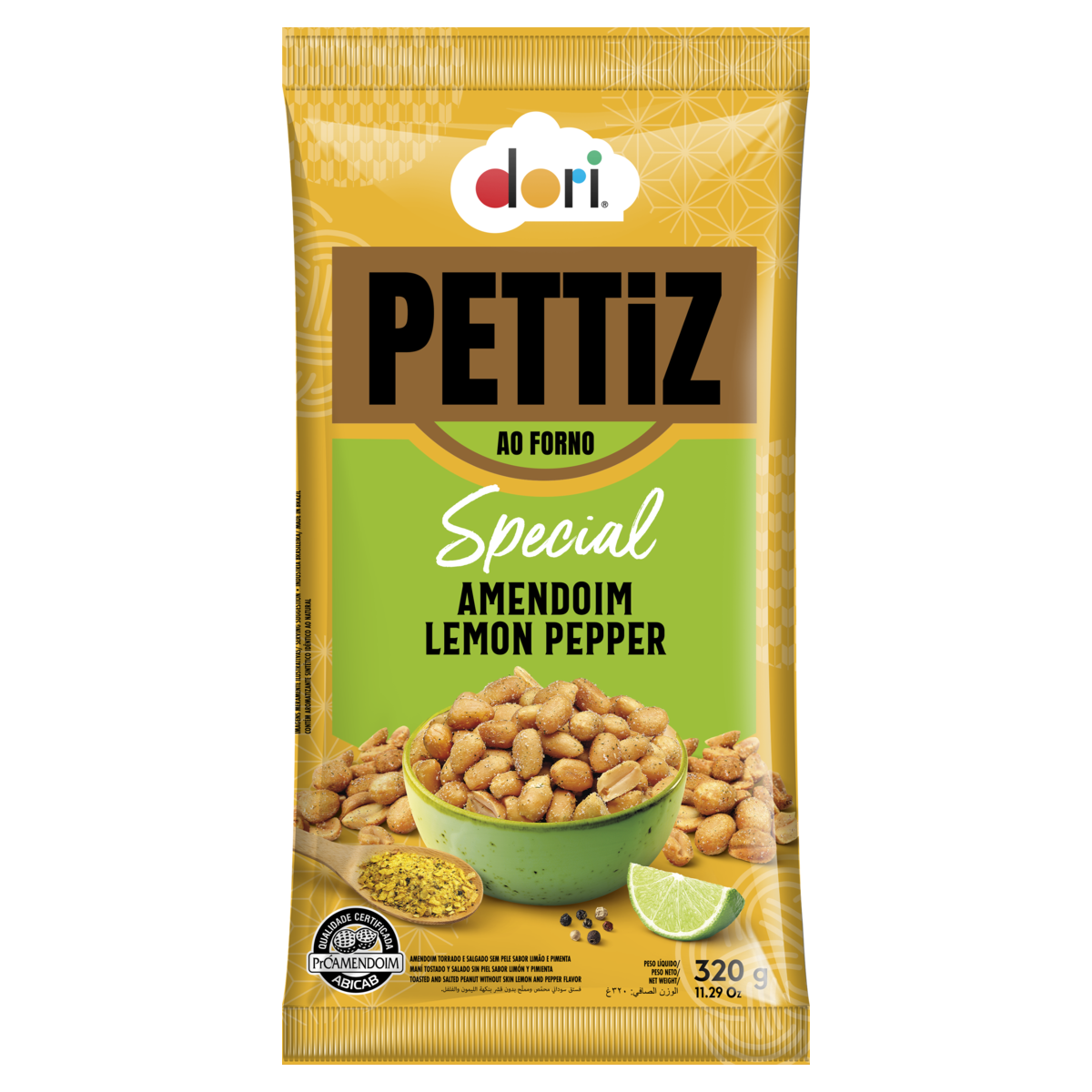 Amendoim Torrado Salgado sem Pele Lemon Pepper Dori Pettiz Special Pacote 320g