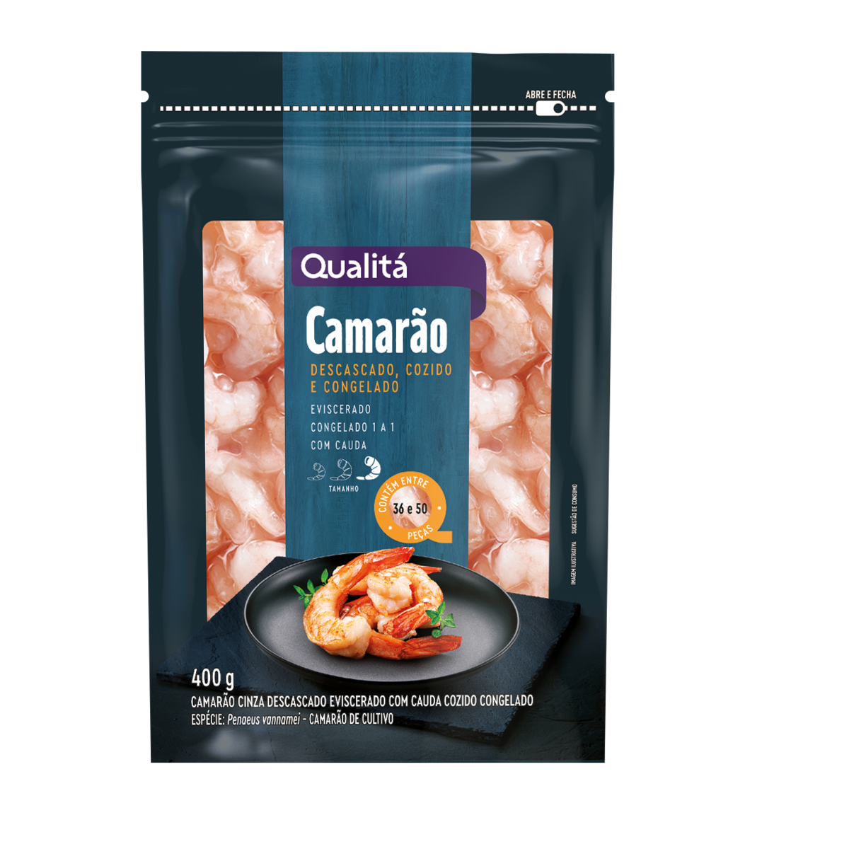 Camarão Qualitá Descascado Cozido Congelado 36/50 400G
