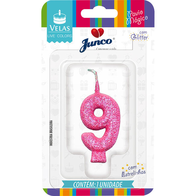 Vela Aniversário Junco Glitter Rosa Nº9 un