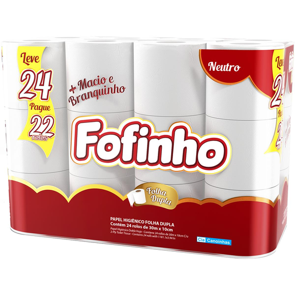 Papel Higiênico Fofinho 30m - Neutro - Folha Dupla - Leve 24, Pague 22 Rolos