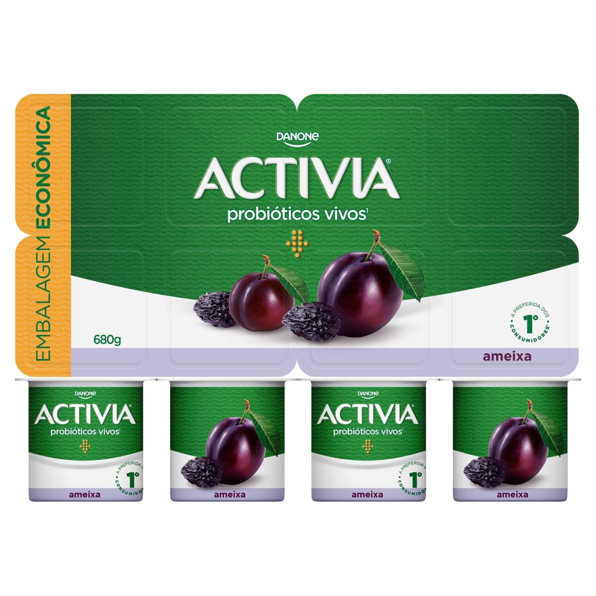 Leite Fermentado Integral Ameixa Activia Bandeja 680g 8 Unidades Embalagem Econômica
