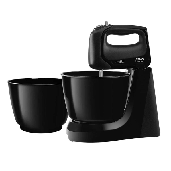 Batedeira Arno 127V - Potência de 200W - Mini Chef - 4 Velocidades - 2 Tigelas de 4 Litros - 1 Par de Batedores de Aço Inox - Preta