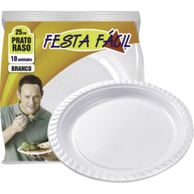 Prato Raso Descartável Festa Fácil 25cm - Branco 10 un