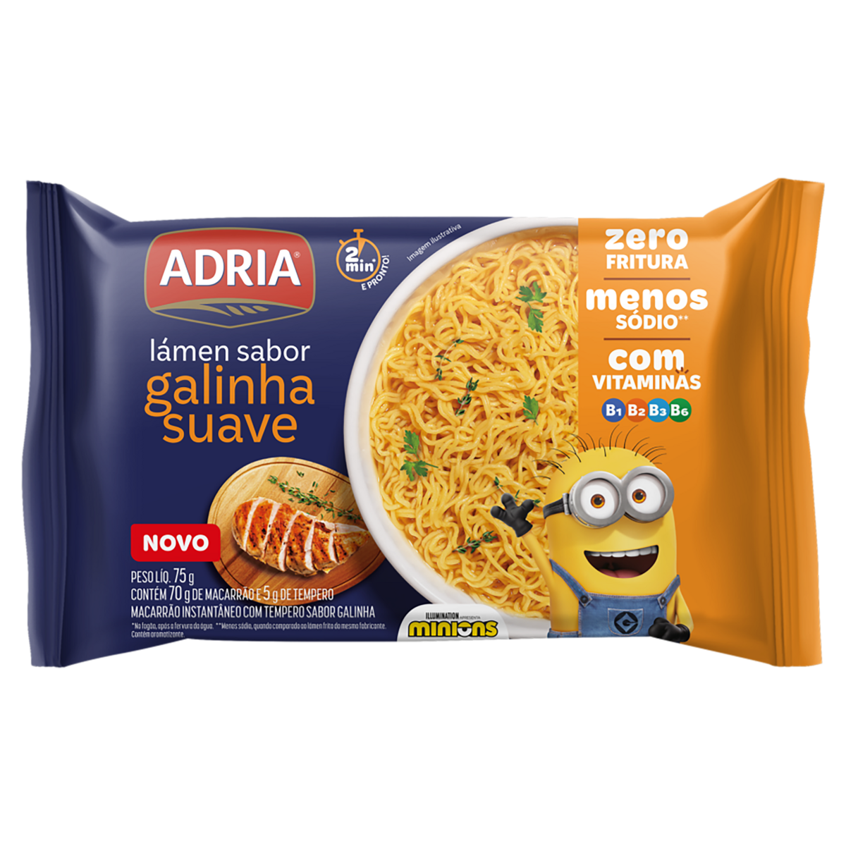Macarrão Instantâneo Lámen Galinha Suave Minions Adria Pacote 75g