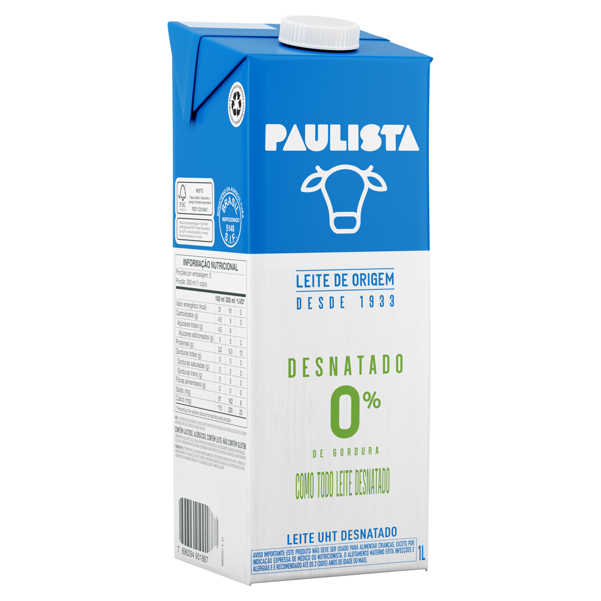 Leite UHT Desnatado Paulista Caixa com Tampa 1l