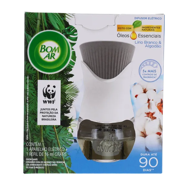 Purificador de Ar Elétrico Bom Ar 16ml - Lírio Branco e Algodão - Grátis Refil