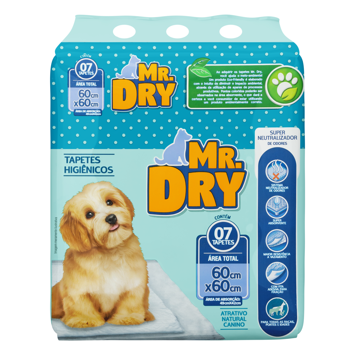 Tapete Higiênico para Cães Mr. Dry 60cm x 60cm Pacote 7 Unidades