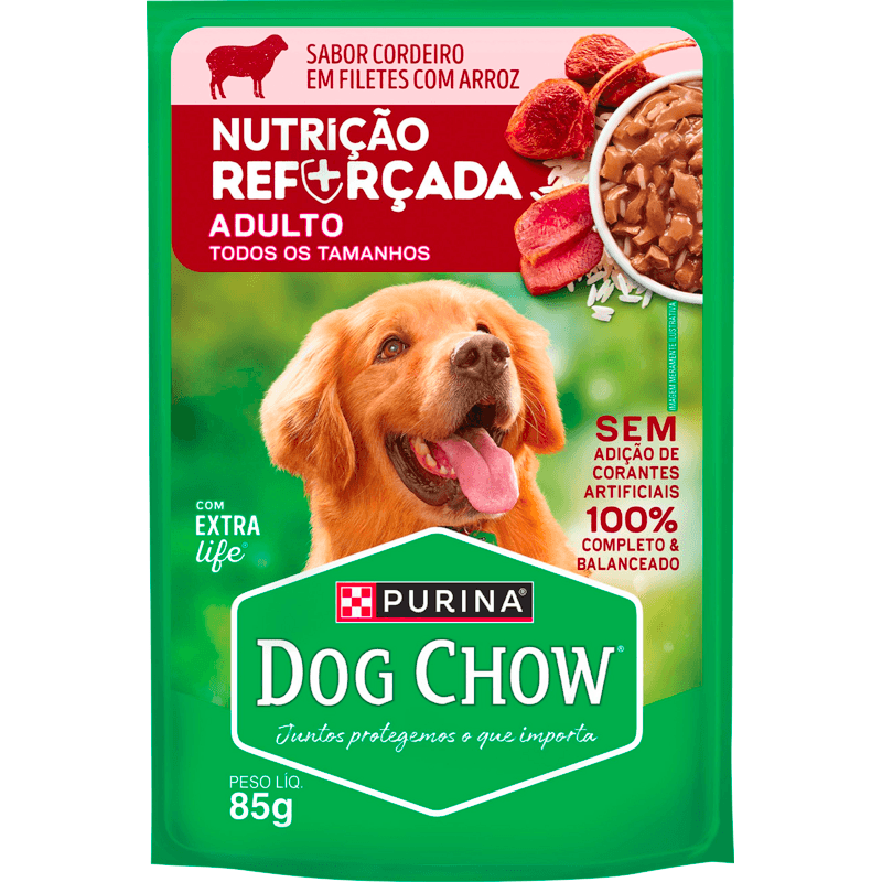 Alimento para Cães Adultos Cordeiro com Arroz Purina Dog Chow Nutrição Reforçada com Extra Life Sachê 85g