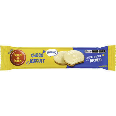 Biscoito Beijinho Recheio Coco Cobertura Chocolate Branco Bon o Bon Choco Biscuit Pacote 76g
