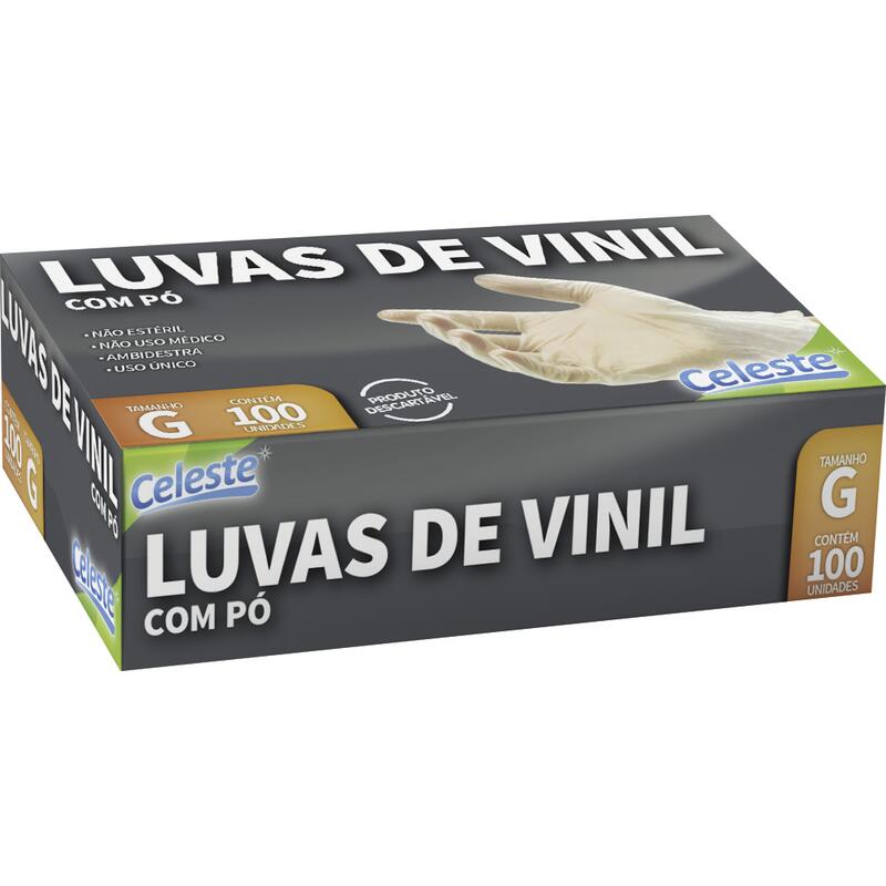 Luva de Vinil Celeste Com Pó - G 100 un