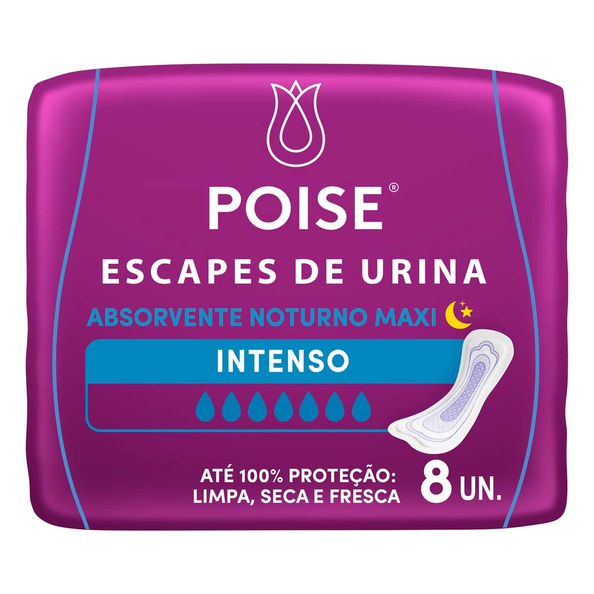 Absorvente sem Abas para Escapes de Urina Poise Noturno Maxi Pacote 8 Unidades