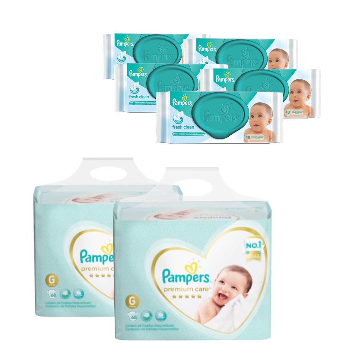 Kit de Fraldas Pampers Premium Care Jumbo G 136 Unidades + Toalhinhas Umedecidas Fresh Clean 240 Unidades