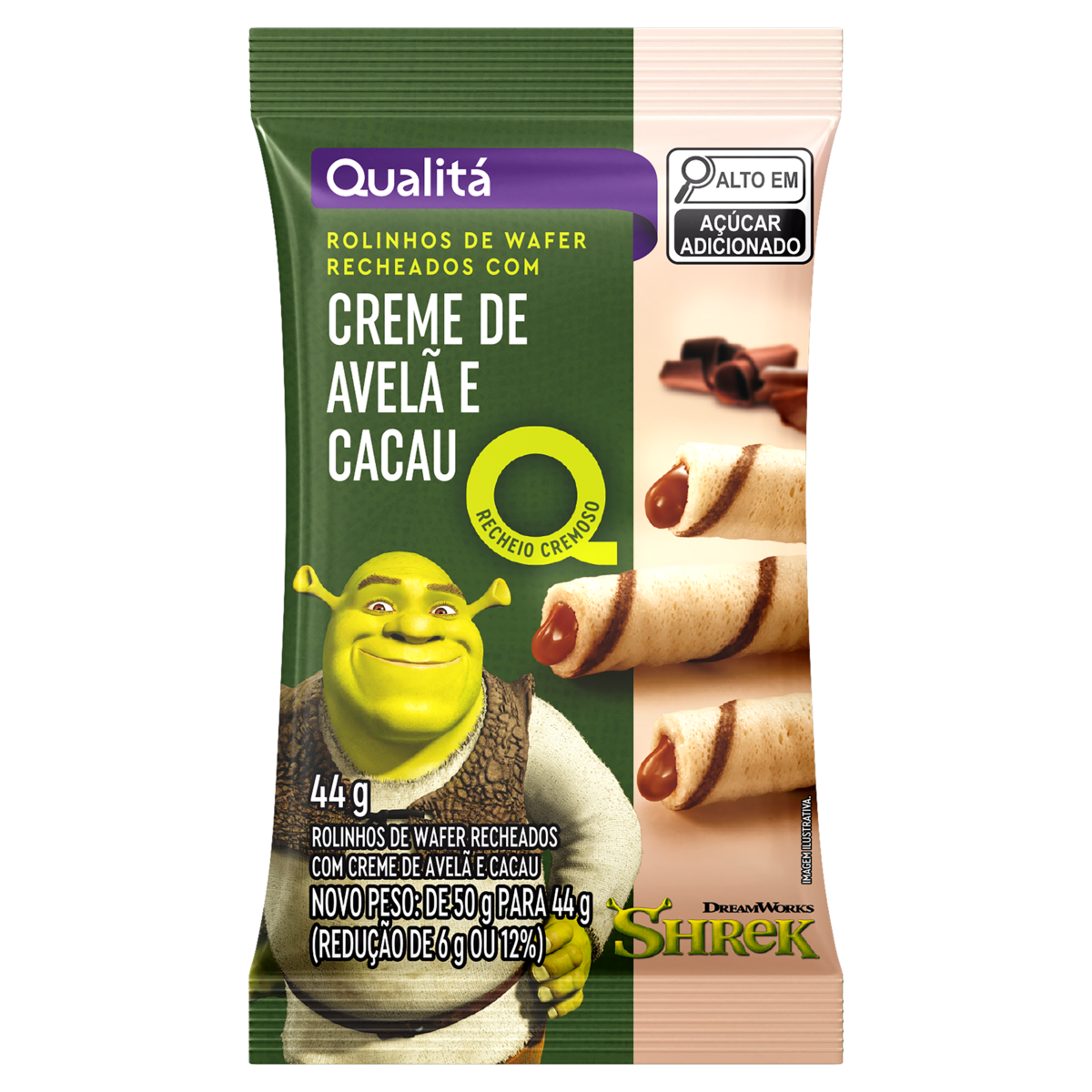 Rolinhos de Wafer Recheio Creme de Avelã e Cacau Shrek Qualitá Pacote 44g