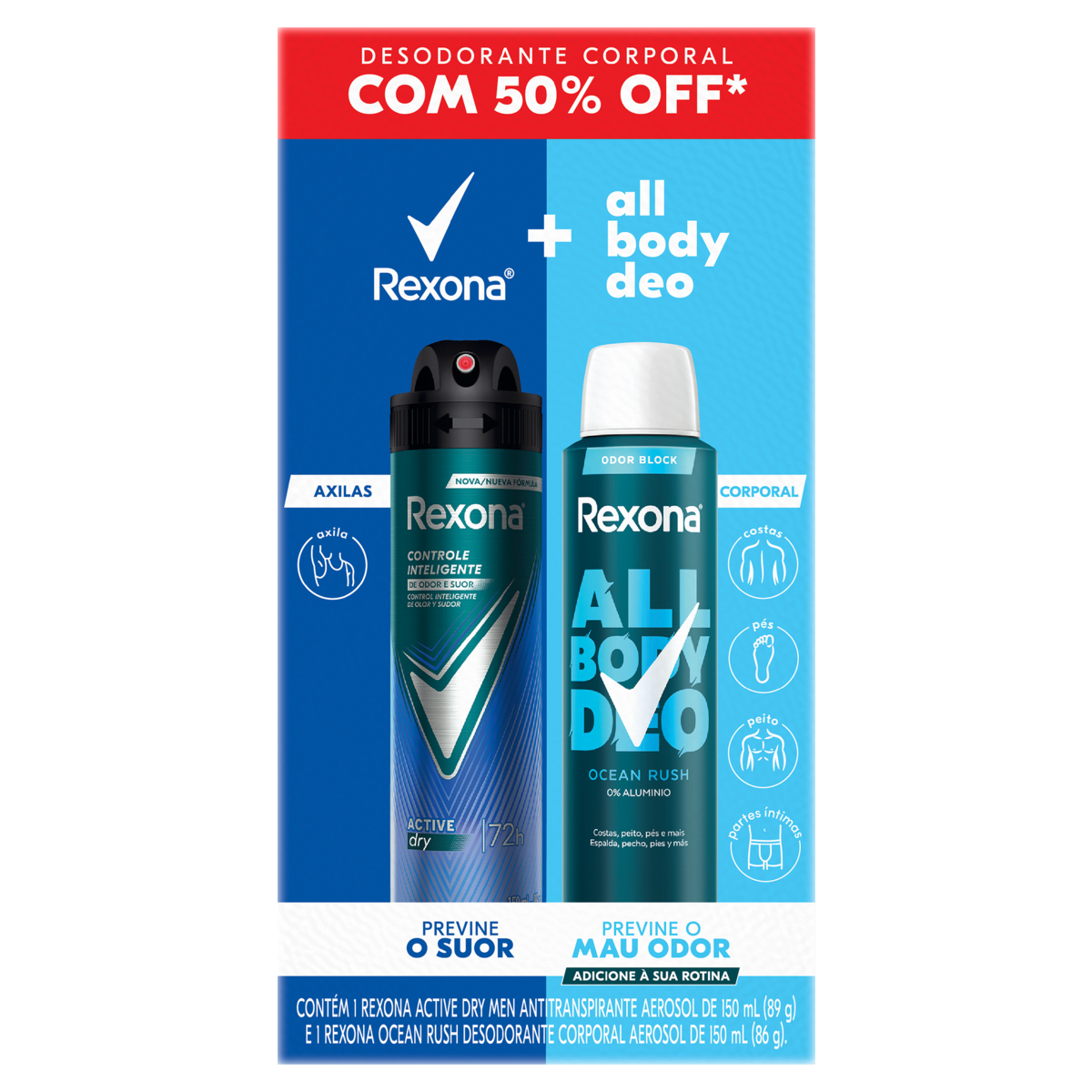 Kit Antitranspirante Active Dry + Desodorante Corporal Aerossol Ocean Rush All Body Deo Rexona 150ml