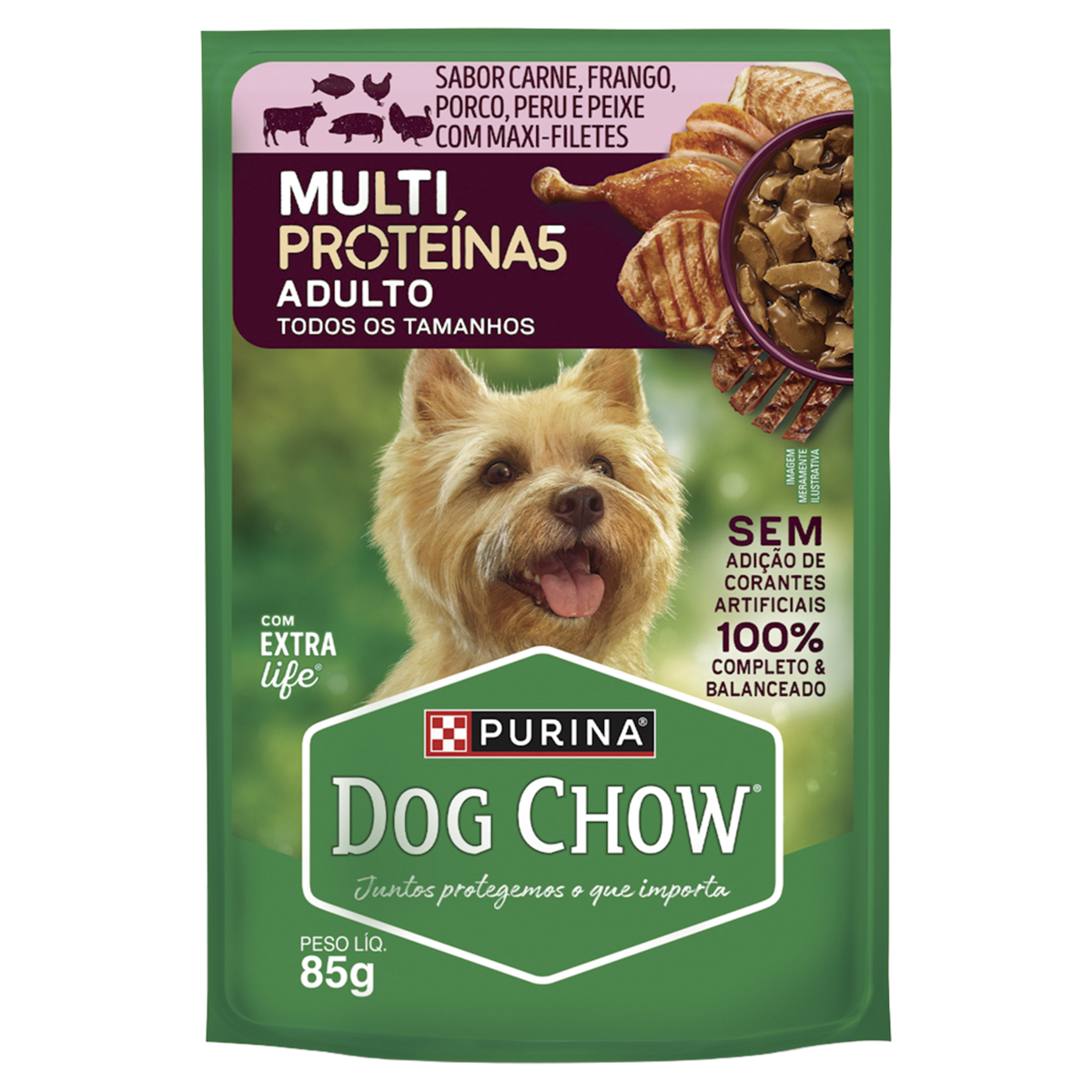 Alimento para Cães Adultos Carne, Frango, Porco, Peru e Peixe com Maxi-Filetes Purina Dog Chow Multi Proteína5 com Extra Life Sachê 85g