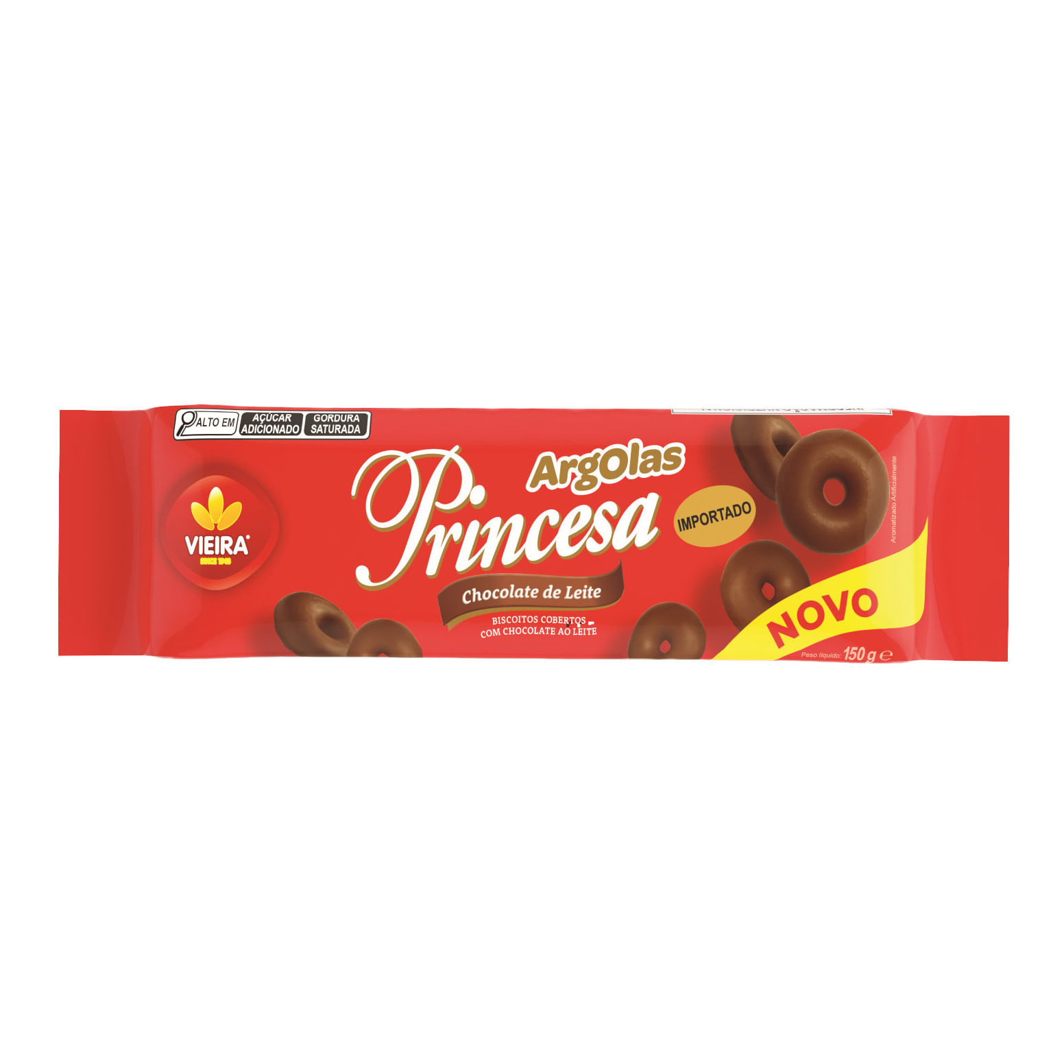 Biscoito Argola Cobertura Chocolate ao Leite Vieira Princesa Pacote 150g