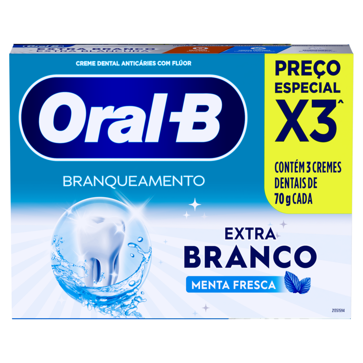 Pack Creme Dental Menta Fresca Oral-B Extra Branco Caixa 3 Unidades 70g Cada