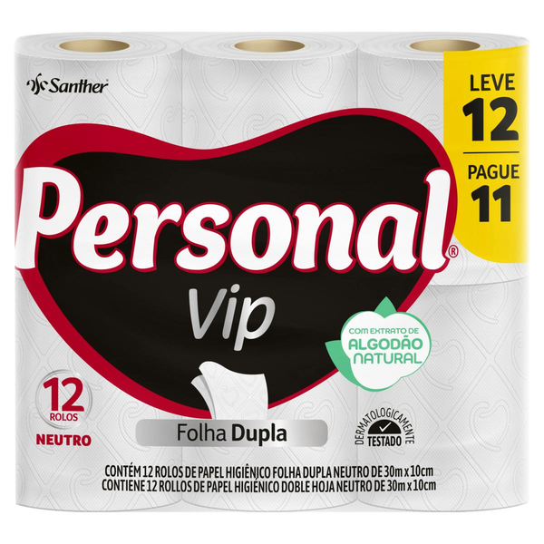 Papel Higiênico Folha Dupla Neutro Personal Vip 30m Pacote Leve 12 Pague 11 Unidades