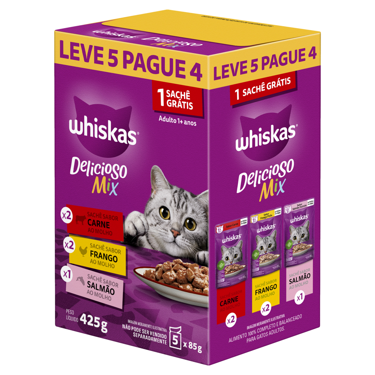 Ração WHISKAS para Gatos Carne, Frango e Salmão 85g Leve 5 e Pague 4