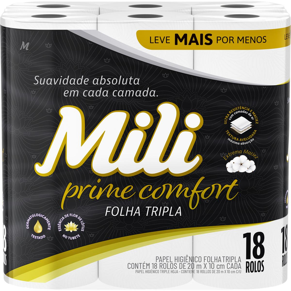 Papel Higiênico MILI Prime Comfort Folha Tripla com 18 rolos 20 Metros cada