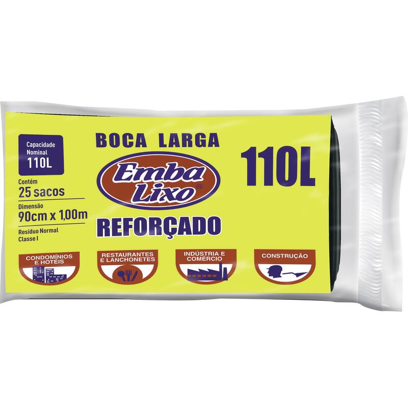 Saco de Lixo EMBALIXO Reforçado Boca Larga 110L com 25 Unidades