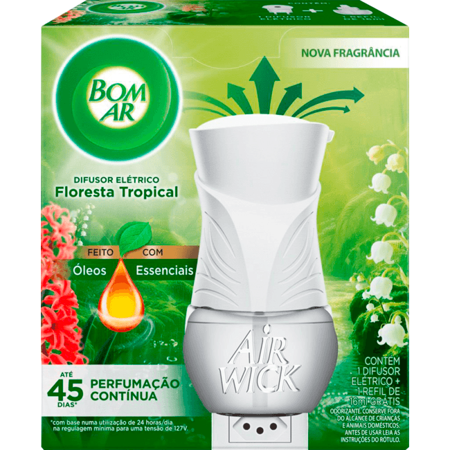 Difusor Bom Ar Aparelho Elétrico + Refil Floresta Tropical 16ml