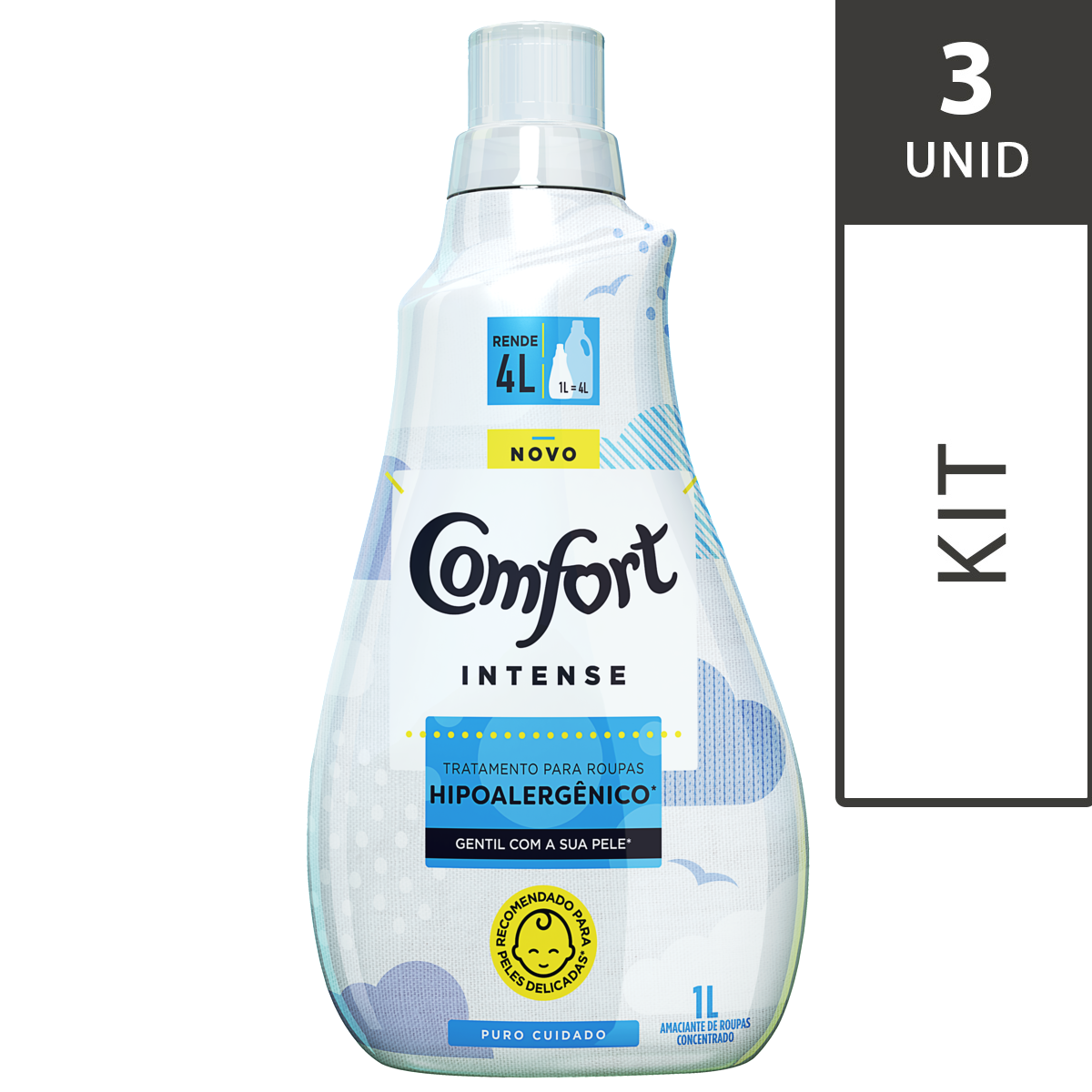 Kit com 3 Amaciantes Concentrado Comfort Puro Cuidado 1L Cada