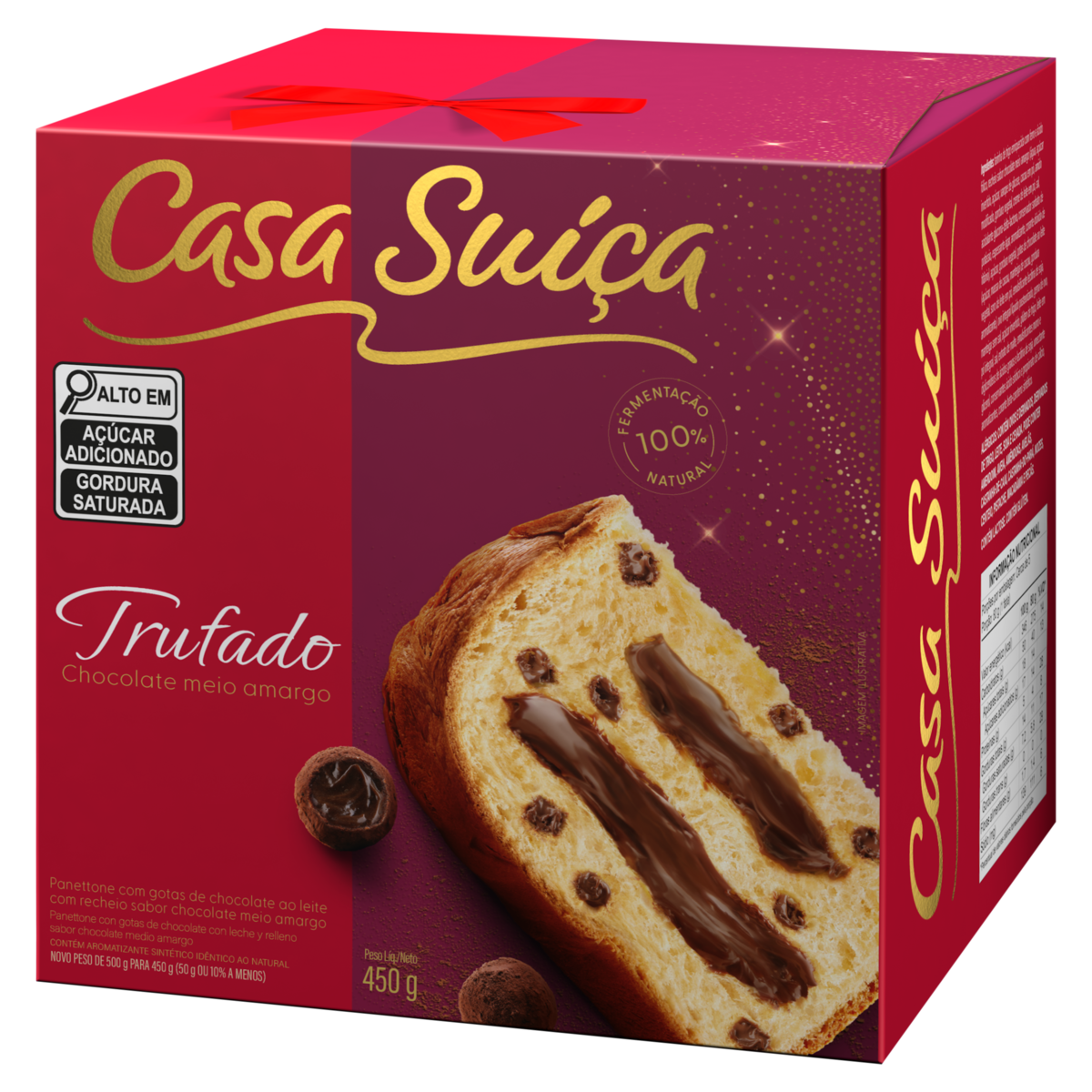 Panettone com Gotas de Chocolate ao Leite Recheio Trufado Chocolate Meio Amargo Casa Suíça Caixa 450g