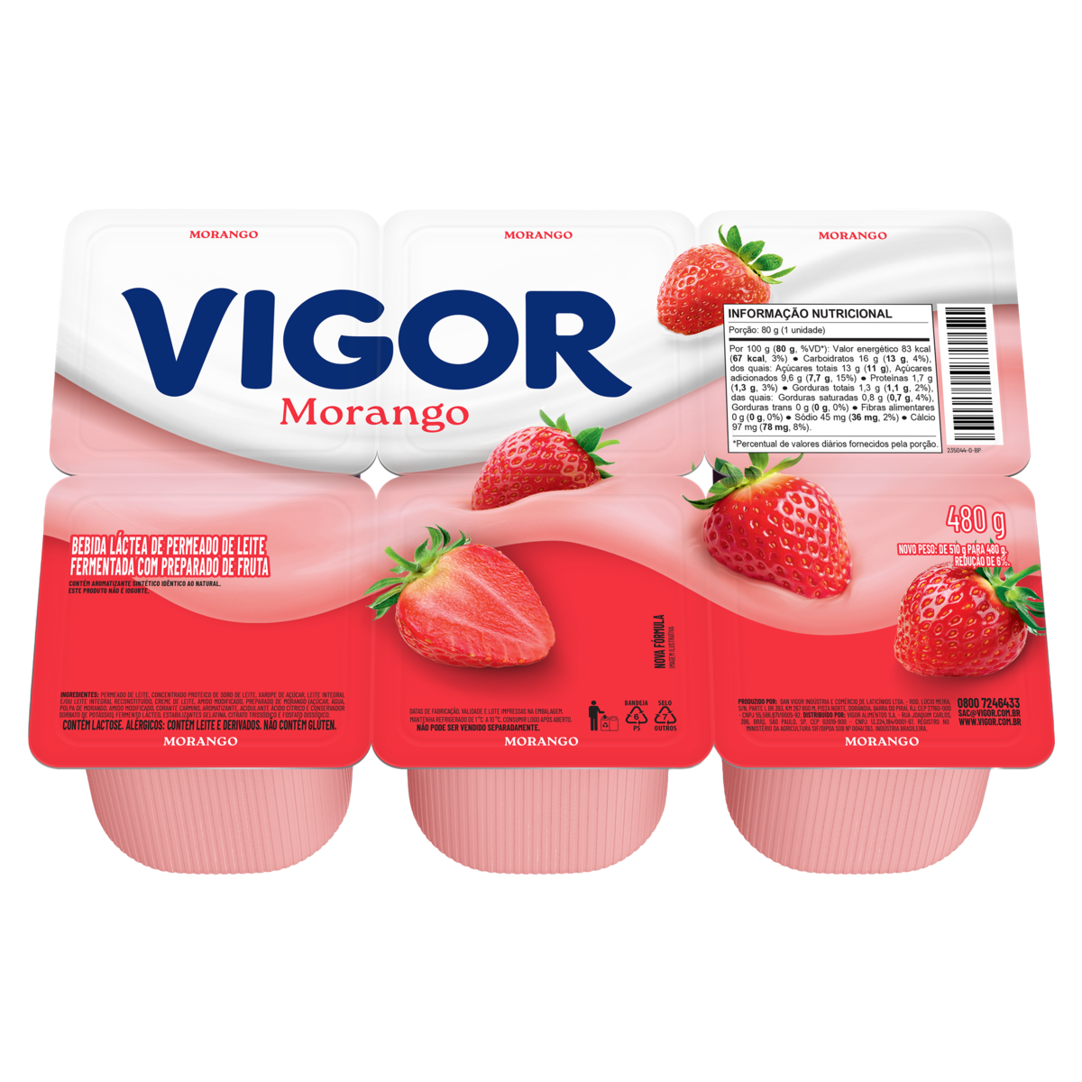 Bebida Láctea Fermentada Morango Vigor Bandeja 480g