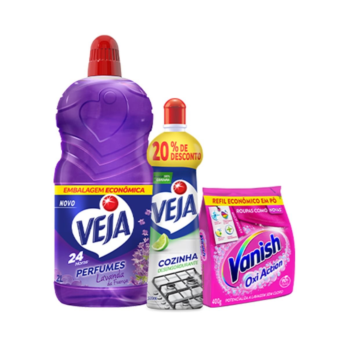 Kit Veja Cozinha Limão 500ml Oferta + Perfumado Veja Lavanda da França - 2L + Vanish Multi Power Oxi Action 400g Refil
