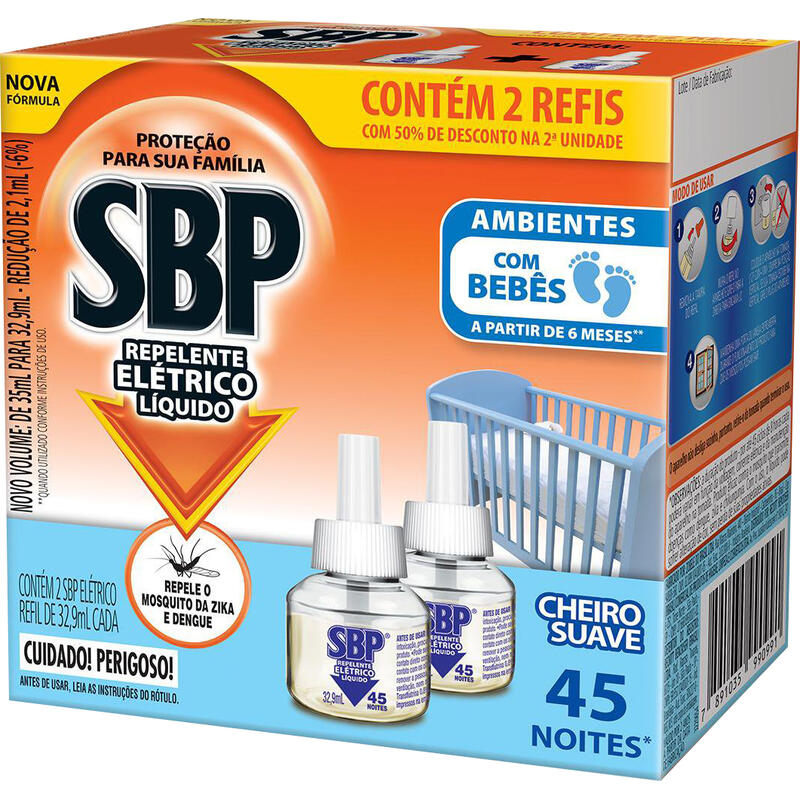Repelente Elétrico Líquido SBP 45 Noites Cheiro Suave com 2 unidades de 32.9ml