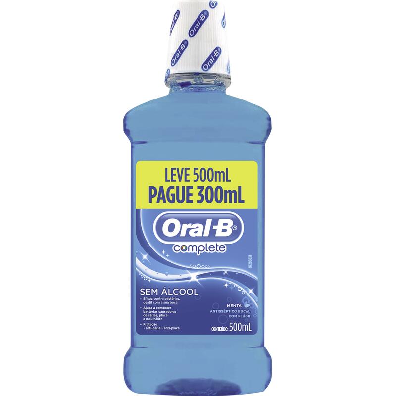Enxaguante Bucal Zero Álcool Menta Refrescante Oral-B Complete Limpeza Profunda Frasco Leve 500ml Pague 300ml