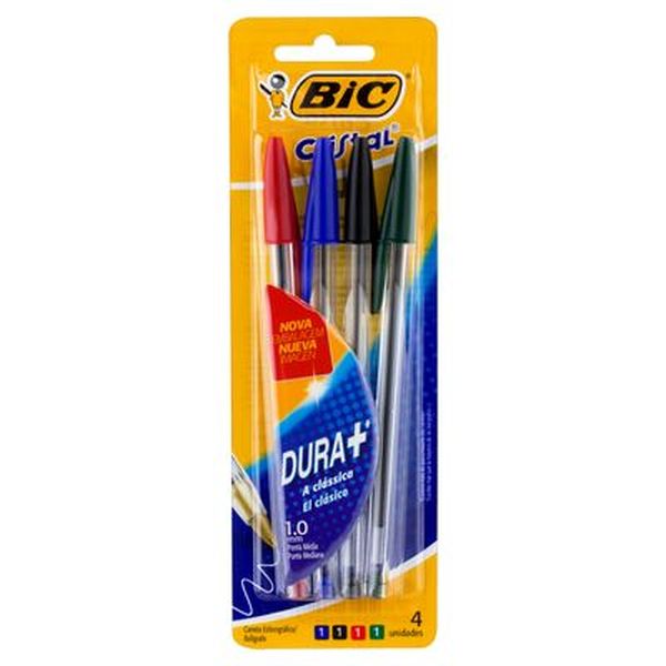 Caneta Esferográfica Bic Cristal Com 4 Cores - Azul, Preta, Verde e Vermelha