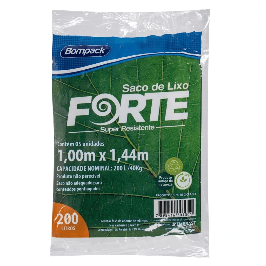 Saco de Lixo Ecoforte 200L Reforçado Pacote com 5 Unidades Preto