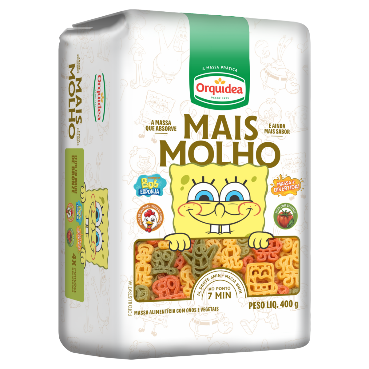 Macarrão com Ovos e Vegetais Temático Bob Esponja Orquídea Mais Molho Pacote 400g