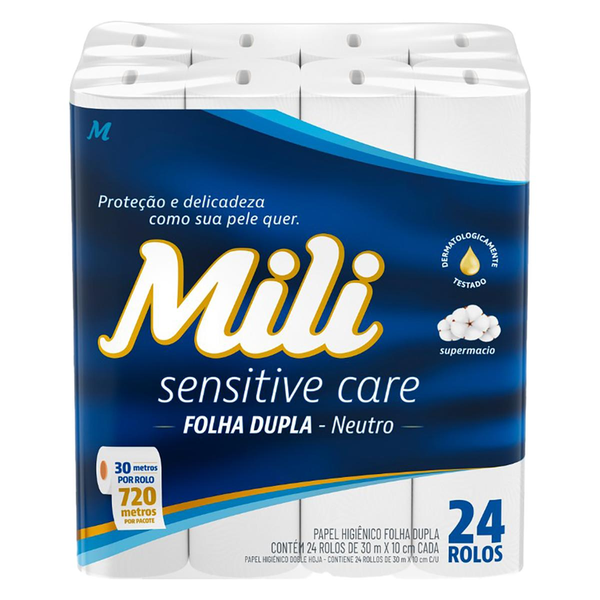Papel Higiênico Mili 30m - Folha Dupla - Neutro - Leve 24, Pague 22 Rolos