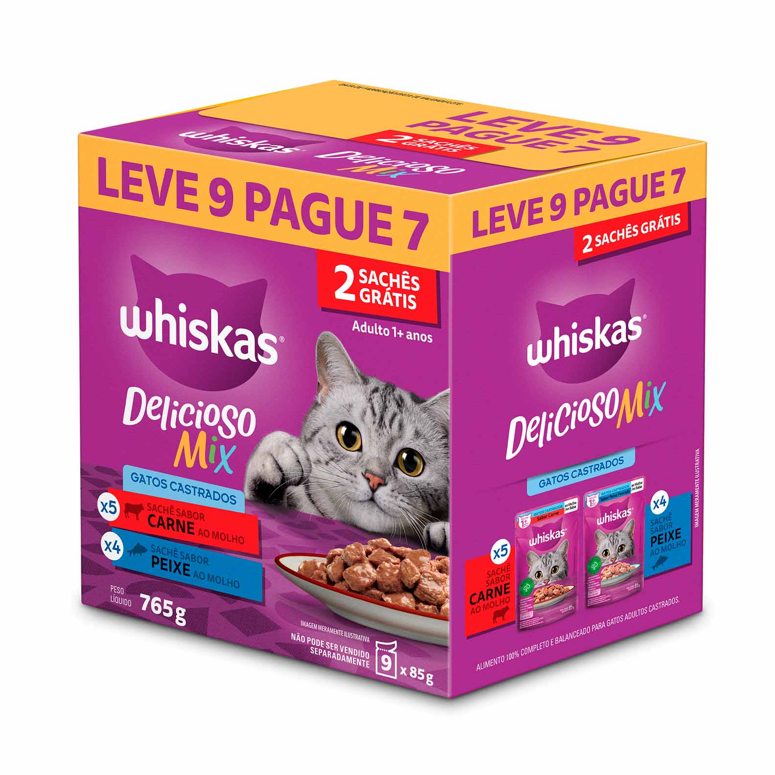 Ração Úmida para Gatos Adultos Castrados Whiskas Carne e Peixe 9 sachês 765g Embalagem Promocional