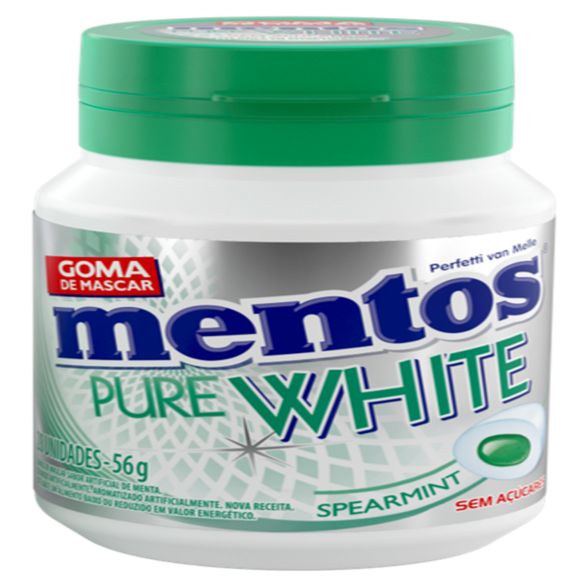 Goma de Mascar Spearmint Zero Açúcar Mentos Pure White Pote 56g 28 Unidades