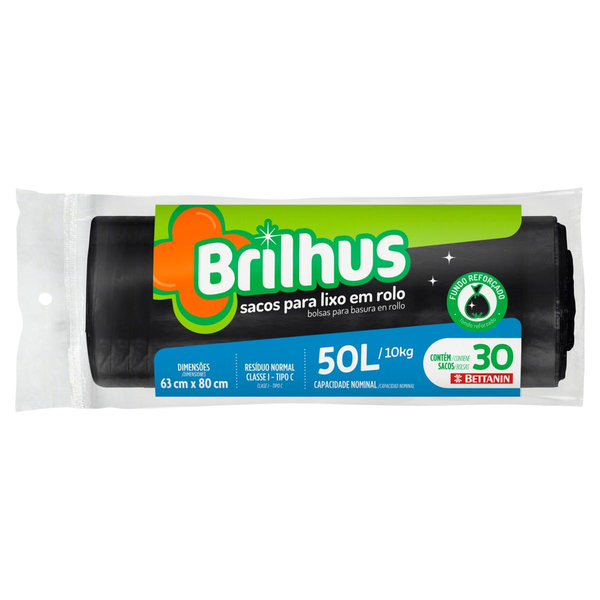 Saco para Lixo Brilhus Rolo 50L com 30un