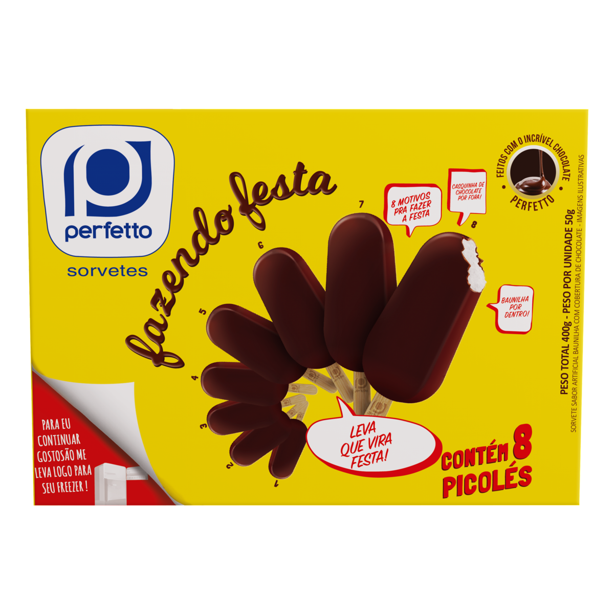 Pack Picolé Baunilha Cobertura Chocolate Perfetto Fazendo Festa Caixa 400g 8 Unidades
