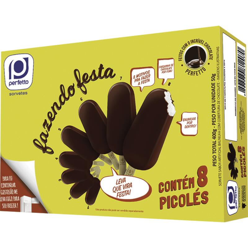 Pack Picolé Baunilha Cobertura Chocolate Perfetto Fazendo Festa Caixa 400g 8 Unidades