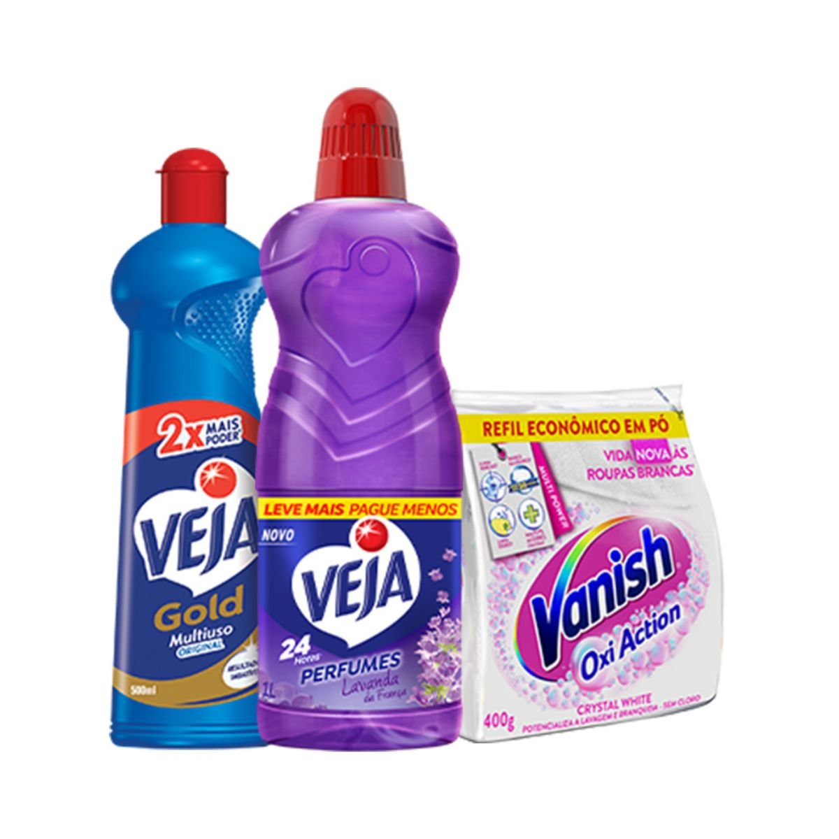 Kit Veja Gold Original 500ml + Perfumado Veja Lavanda da França - 1L + Vanish Crystal White Oxi Action 400g Refil