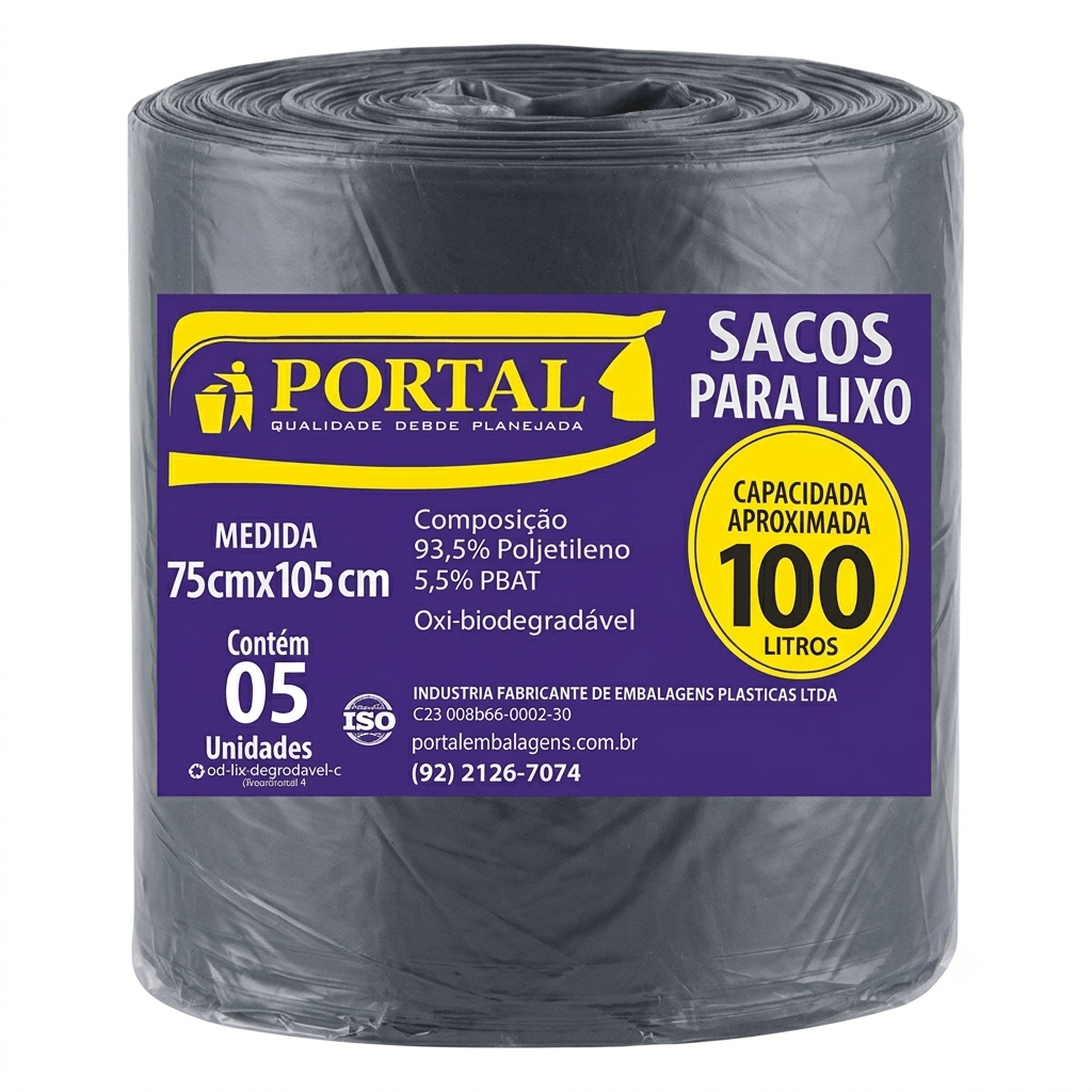 Saco de Lixo Preto Portal Rolo 100L - 100 Unidades