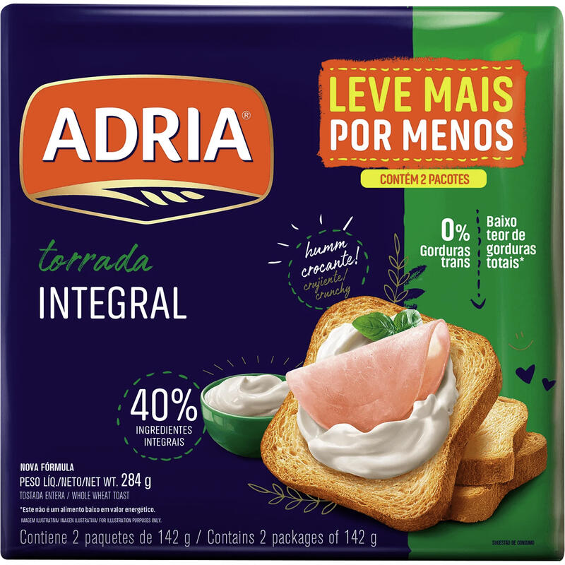 Torrada Integral Adria Pacote 284g 2 Unidades Embalagem Econômica