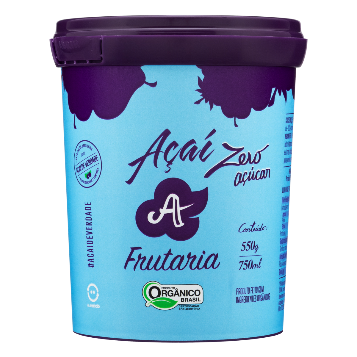 Açaí Orgânico sem Adição de Açúcar Frutaria Pote 750ml
